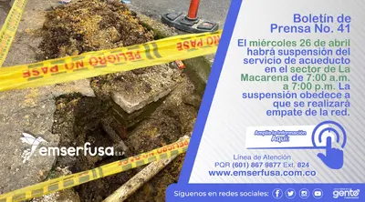 El miércoles 26 de abril, habrá suspensión del servicio de acueducto en La Macarena.