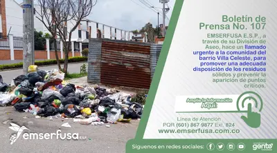 EMSERFUSA E.S.P. invita a la comunidad de Villa Celeste a realizar una correcta disposición de sus residuos.