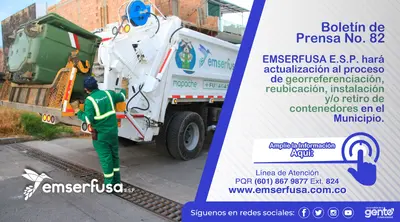 EMSERFUSA E.S.P. hará actualización al proceso de georreferenciación, reubicación, instalación y/o retiro de contenedores en el Municipio.