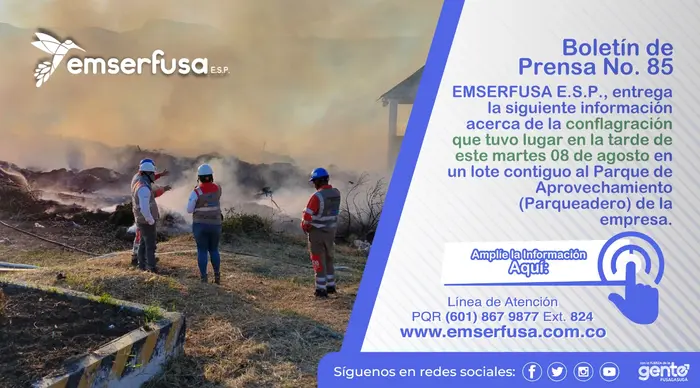EMSERFUSA E.S.P. entrega balance sobre la conflagración en las Inmediaciones del Parque de Aprovechamiento.